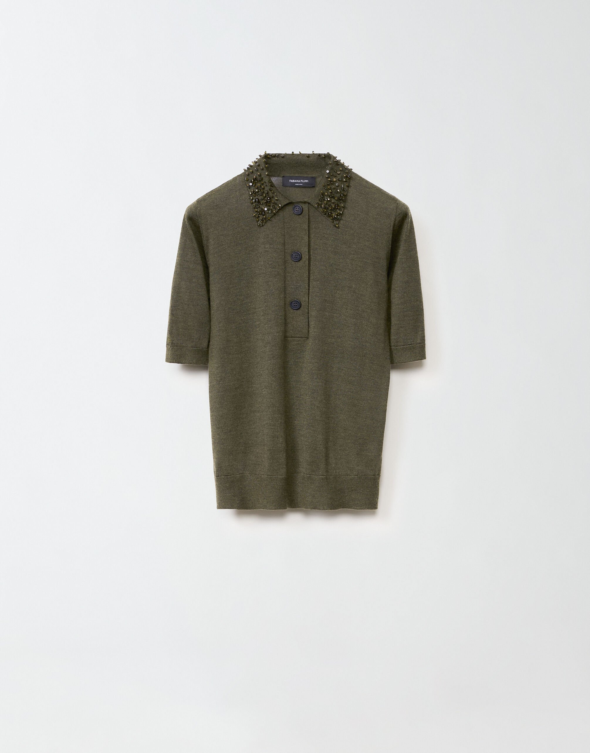 ${brand} Cashmere and silk polo shirt with embroidery on the collar, loden ${colorDescription} ${masterID}