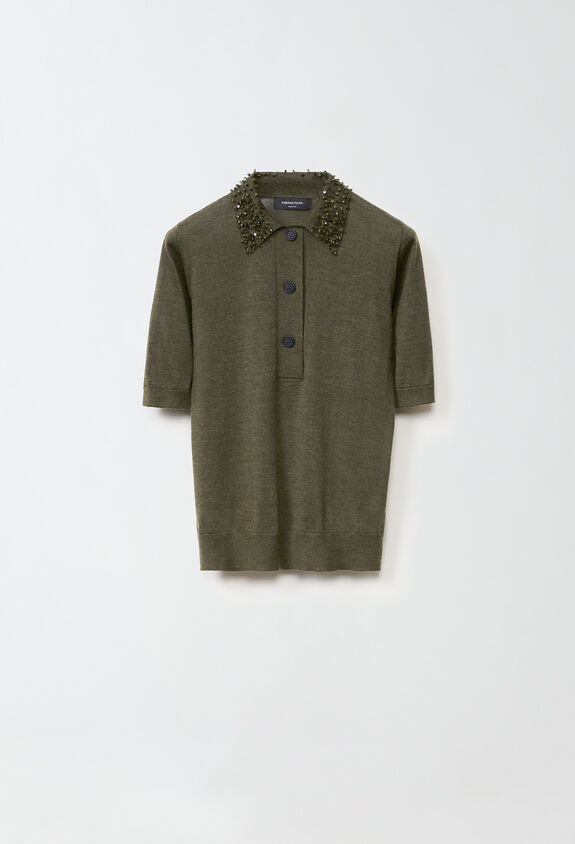 Fabiana Filippi Cashmere and silk polo shirt with embroidery on the collar, loden GREEN MAD214F394I9300000