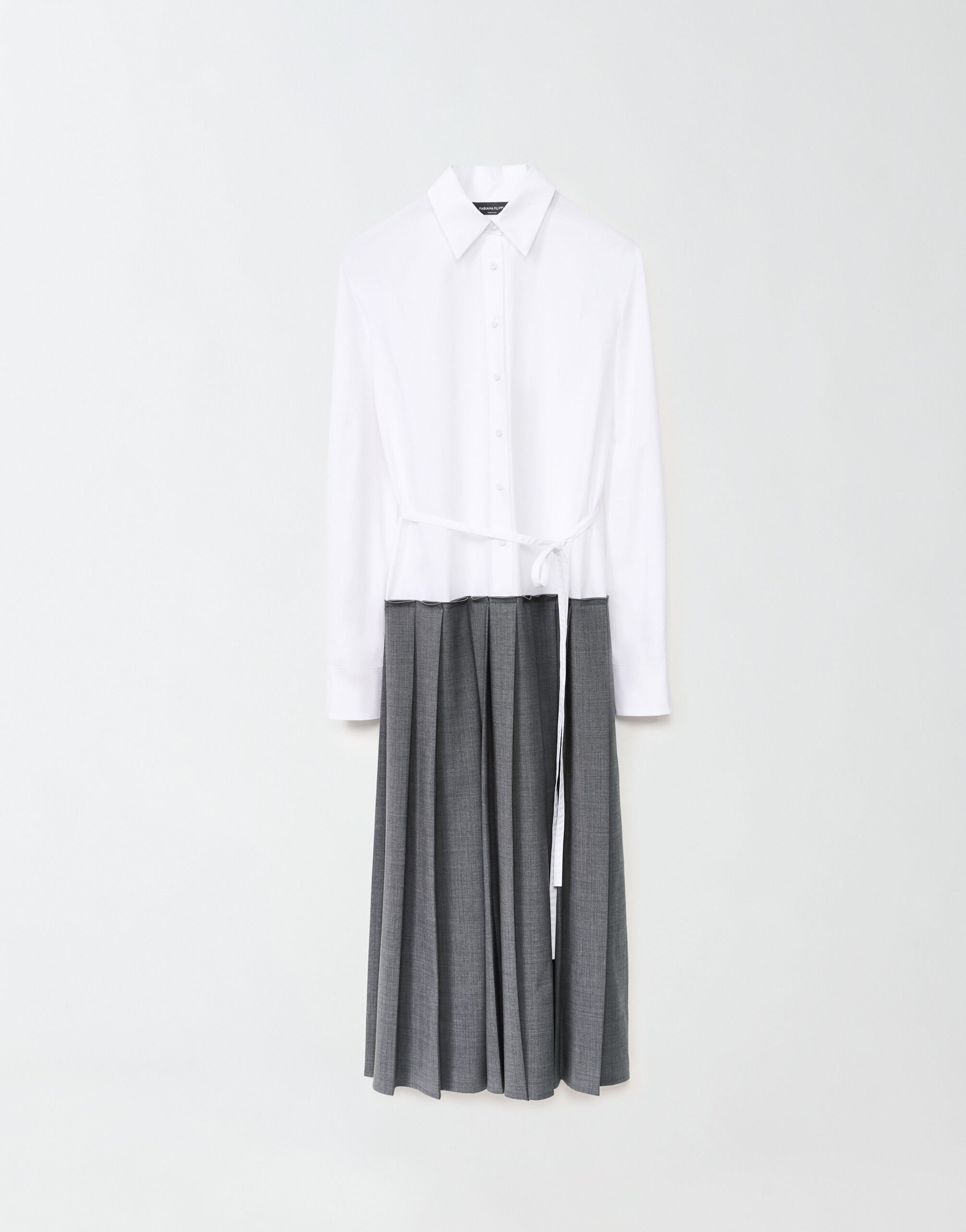 ${brand} Poplin and cool wool shirt dress, optical white and lead grey ${colorDescription} ${masterID}