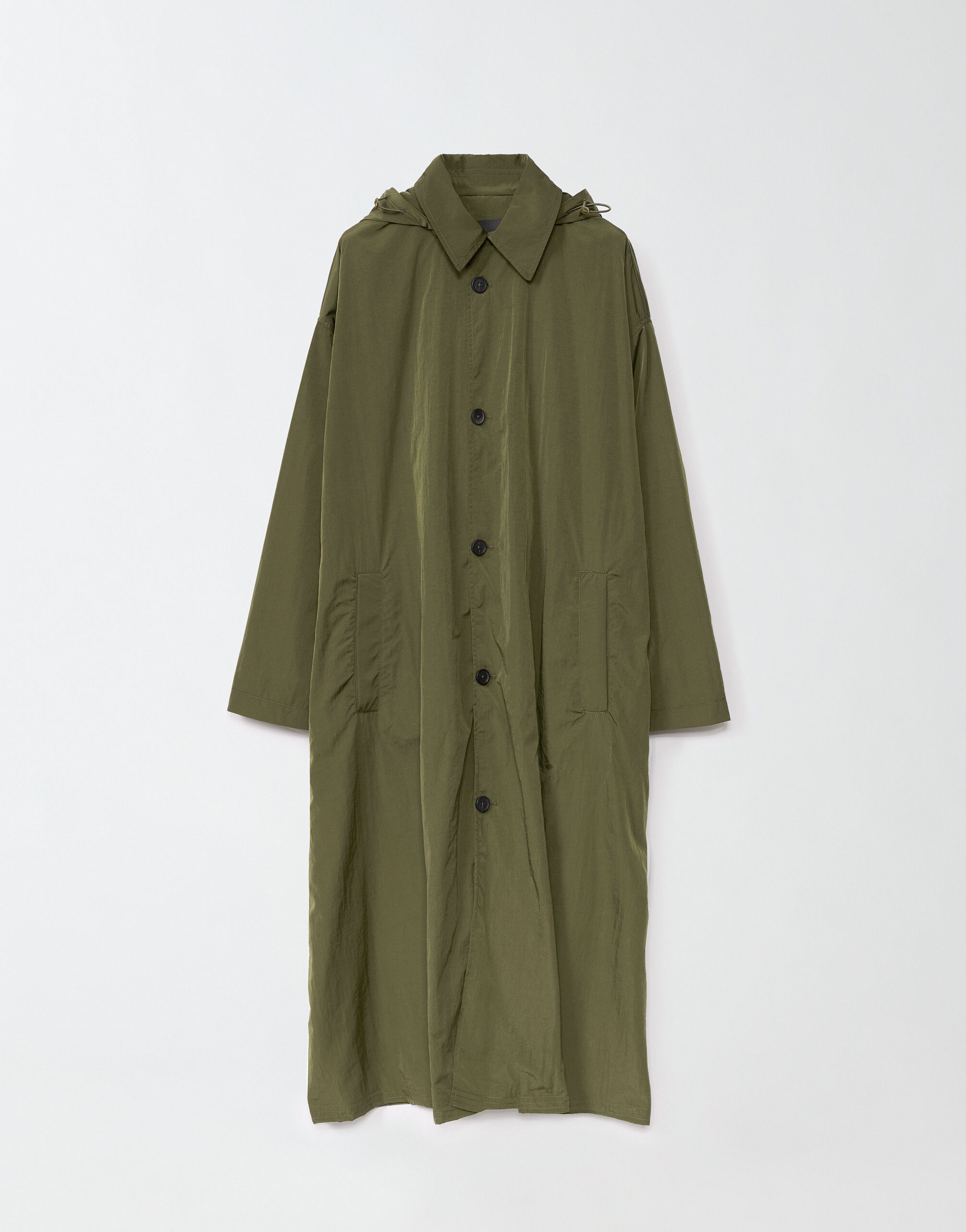 ${brand} Long hooded parka in wavy technical fabric, loden ${colorDescription} ${masterID}