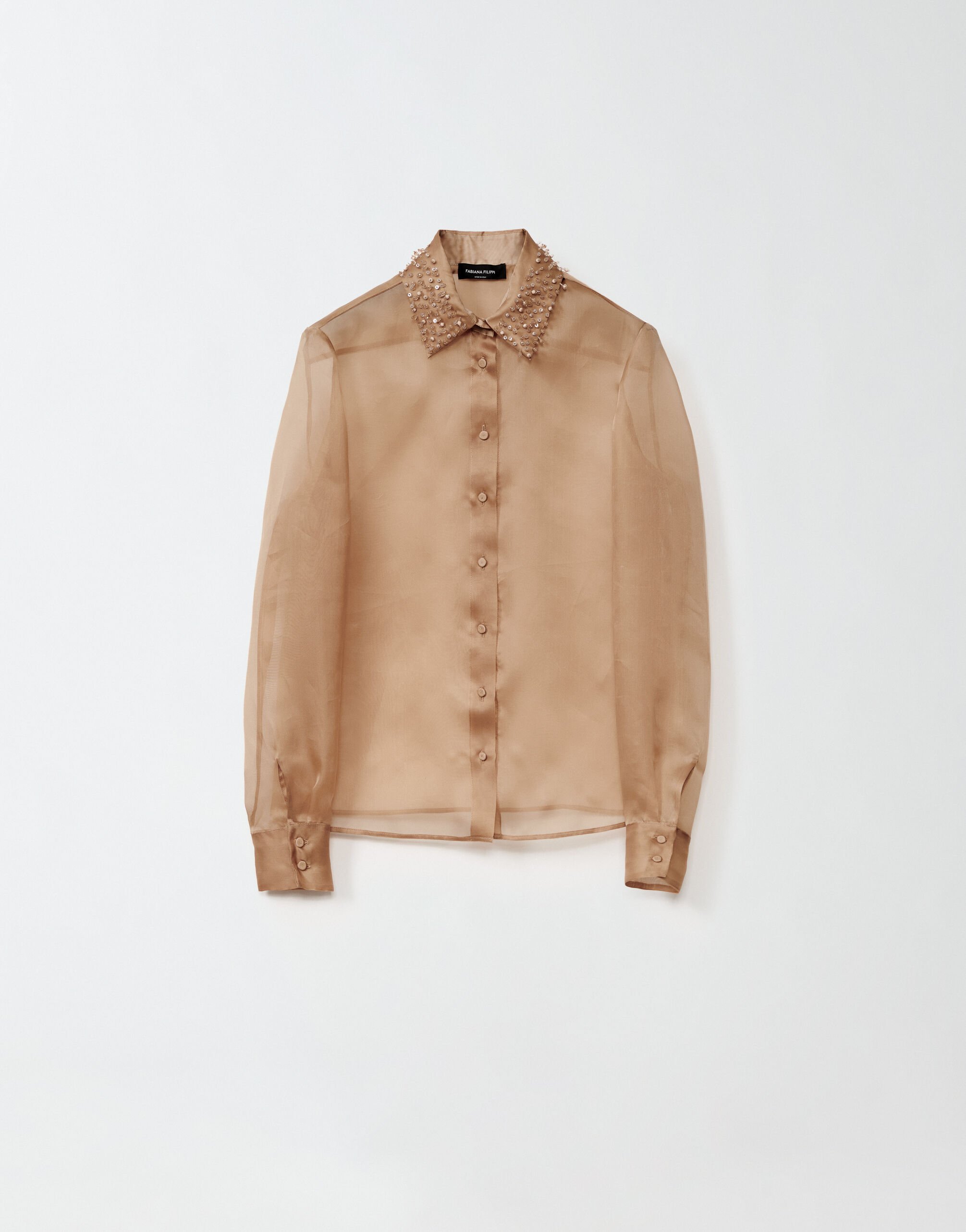 ${brand} Organza shirt with embroidery on the collar, camel ${colorDescription} ${masterID}