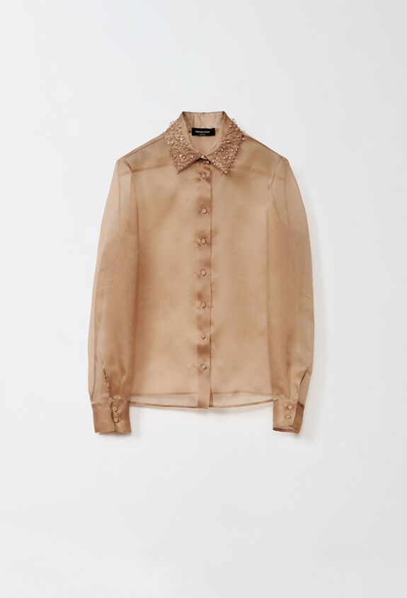 Fabiana Filippi Organza shirt with embroidery on the collar, camel BROWN CAD214F287I9290000