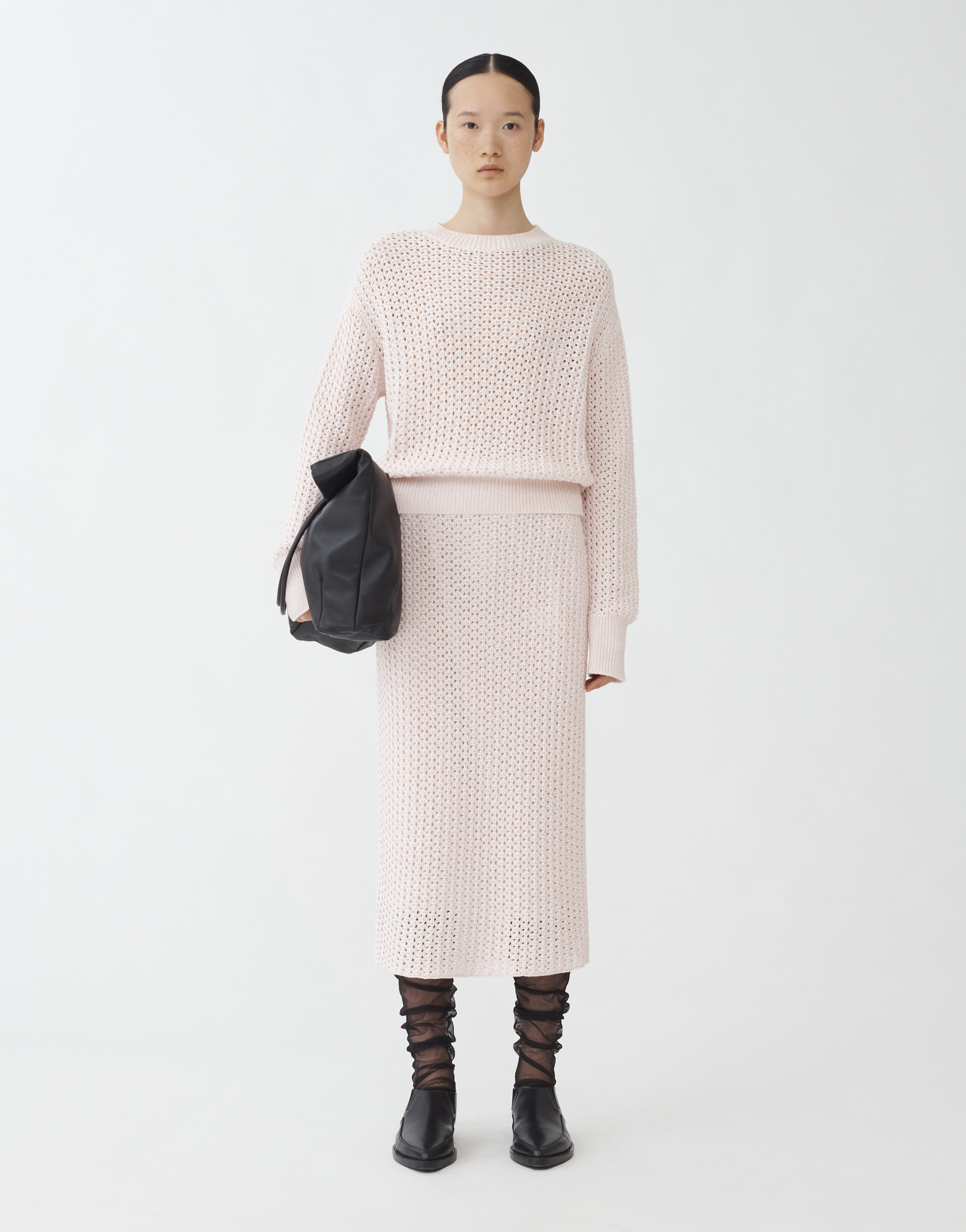 Open-knit cotton pencil skirt, peony