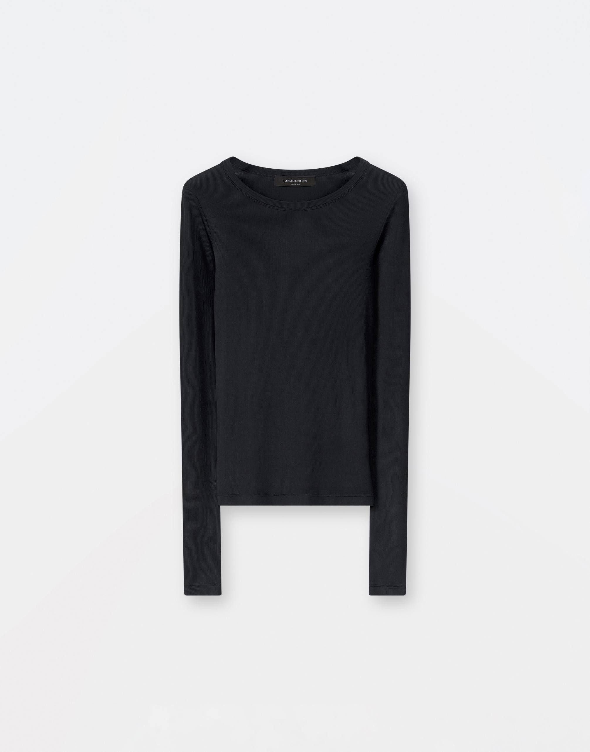 Shop Fabiana Filippi Ribbed Viscose Jersey Wide Neck Long Sleeve T-shirt In Black