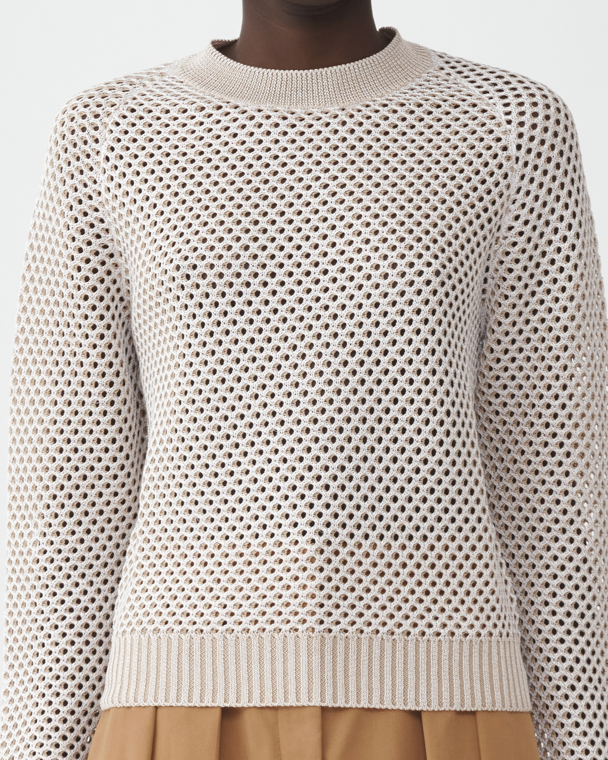 Shop Fabiana Filippi Crew Neck Sweater With Mesh Effect In Sand/white